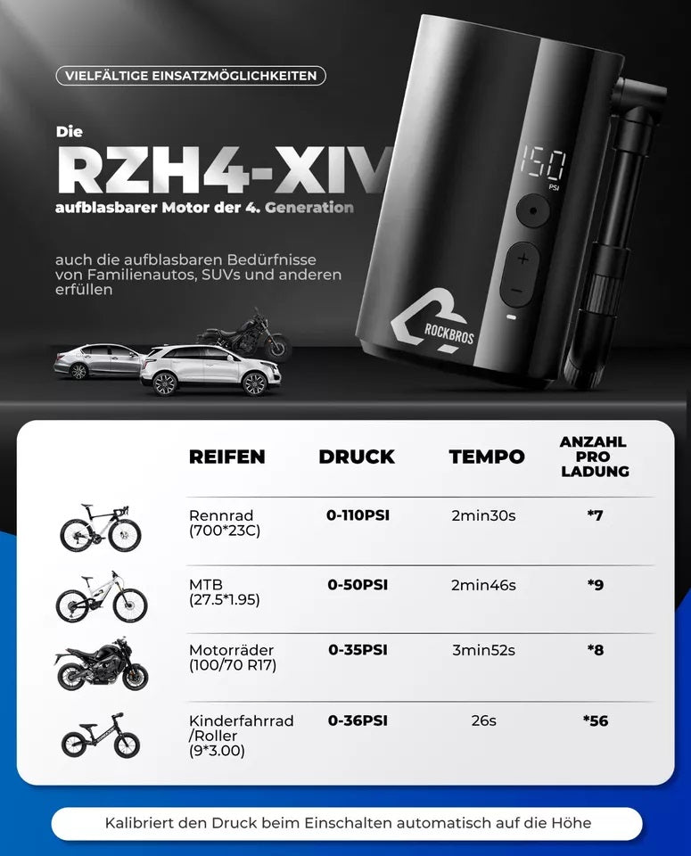 Bomba portátil para bicicleta ROCKBROS Bomba de ar elétrica 5000mAh 150PSI 380g