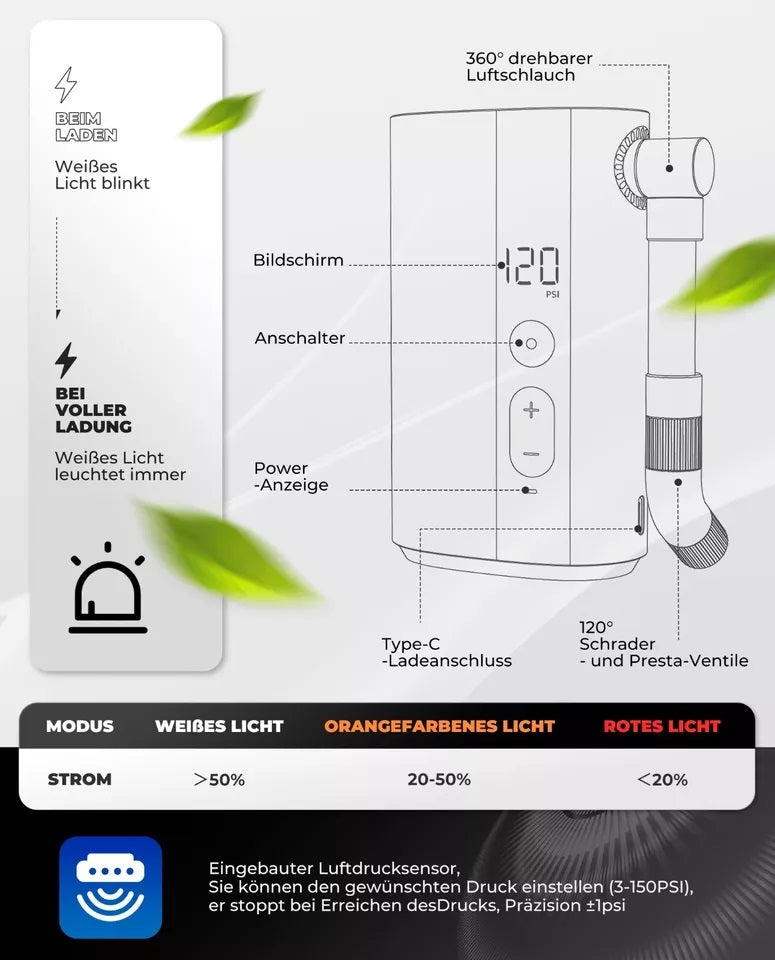 Bomba portátil para bicicleta ROCKBROS Bomba de ar elétrica 5000mAh 150PSI 380g