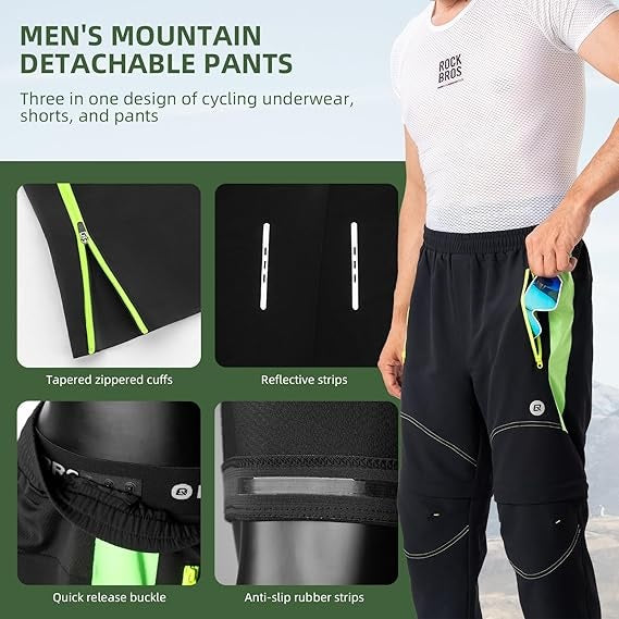 Calças de ciclismo ROCKBROS, calças esportivas removíveis de camada dupla, calças longas de ciclismo com assento acolchoado, calças de bicicleta acolchoadas, masculinas, bicicleta de estrada MTB respirável