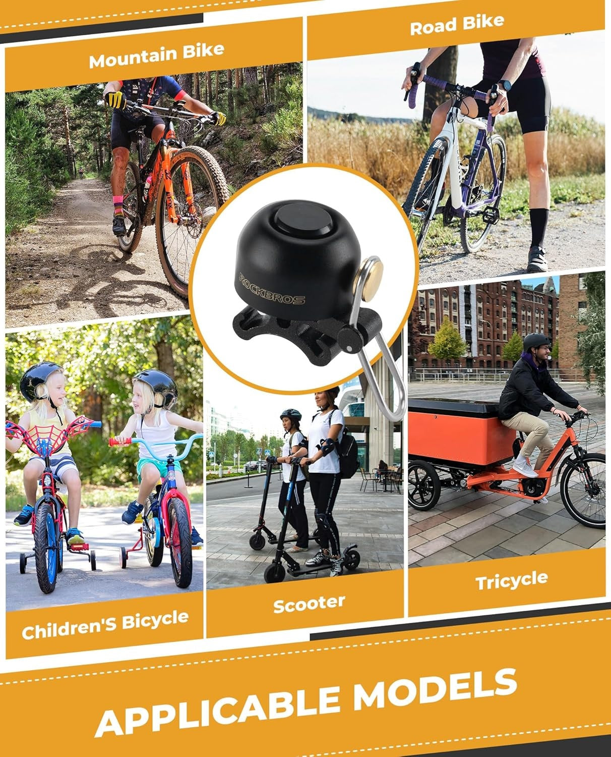 Rockbros sino de bicicleta guiador clássico, mountain bike retro sino de bicicleta sino alto sino de cobre de bicicleta para 22-34mm