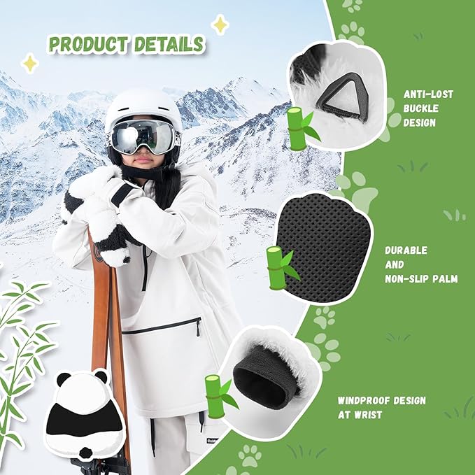 Luvas de esqui Qunature Luvas de design Panda para crianças de 4 a 12 anos Luvas de lã térmicas quentes à prova de vento, ideais para atividades de inverno, como esqui, snowboard, patinação no gelo
