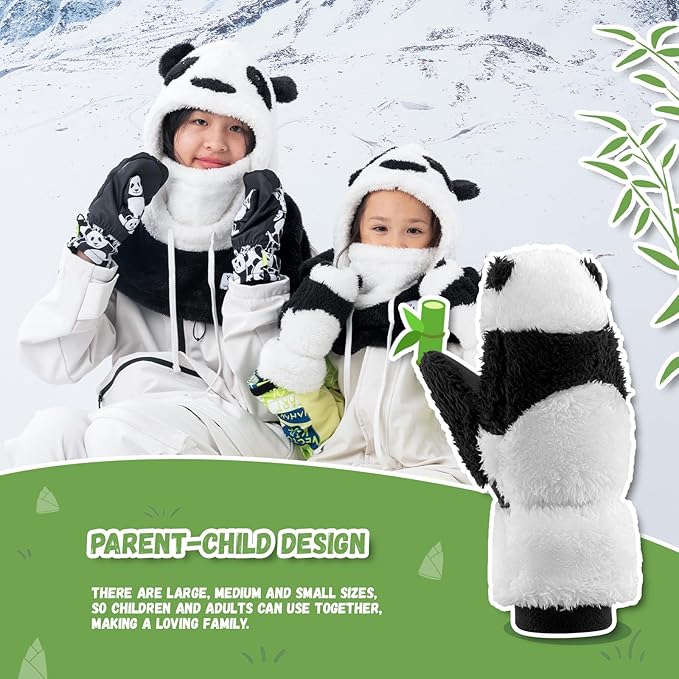 Luvas de esqui Qunature Luvas de design Panda para crianças de 4 a 12 anos Luvas de lã térmicas quentes à prova de vento, ideais para atividades de inverno, como esqui, snowboard, patinação no gelo