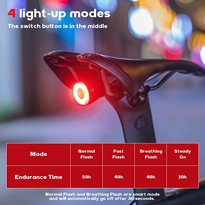 ROCKBROS Lanterna traseira de bicicleta recarregável inteligente 60 lúmens 4 modos IP65 à prova d'água com ativação automática