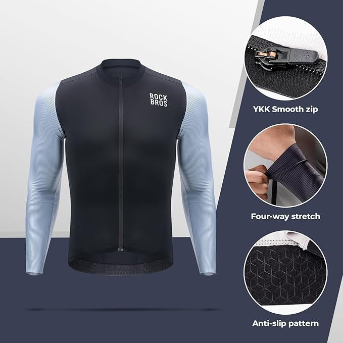 Camisa de ciclismo masculina de manga comprida ROCKBROS Camisa de ciclismo respirável de secagem rápida com zíper e 3 bolsos Camiseta para homens de bicicleta de estrada MTB tamanho europeu