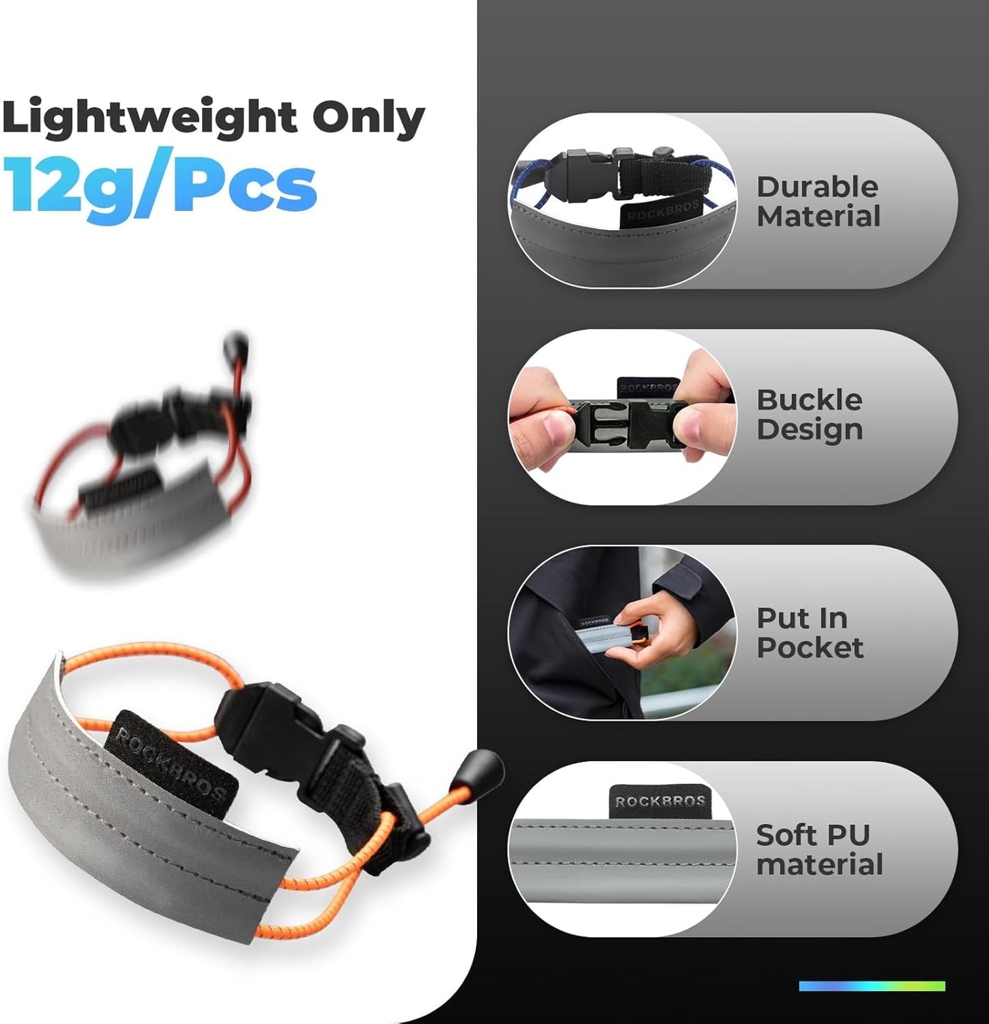 ROCKBROS Faixa elástica para calças, protetor de calças de bicicleta, faixa reflexiva para corrida ao ar livre, ciclismo, corrida, 1 par