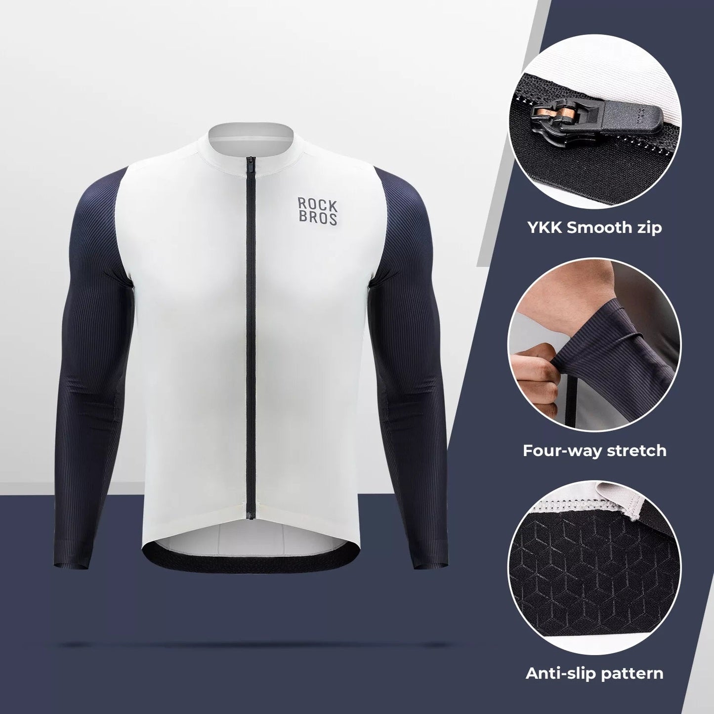 Camisa de ciclismo masculina de manga comprida ROCKBROS Camisa de ciclismo respirável de secagem rápida com zíper e 3 bolsos Camiseta para homens de bicicleta de estrada MTB tamanho europeu