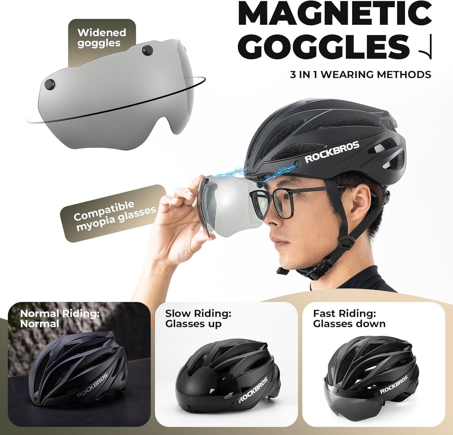 Capacete de bicicleta adulto ROCKBROS com viseira magnética removível respirável ajustável para homens e mulheres 58-62cm
