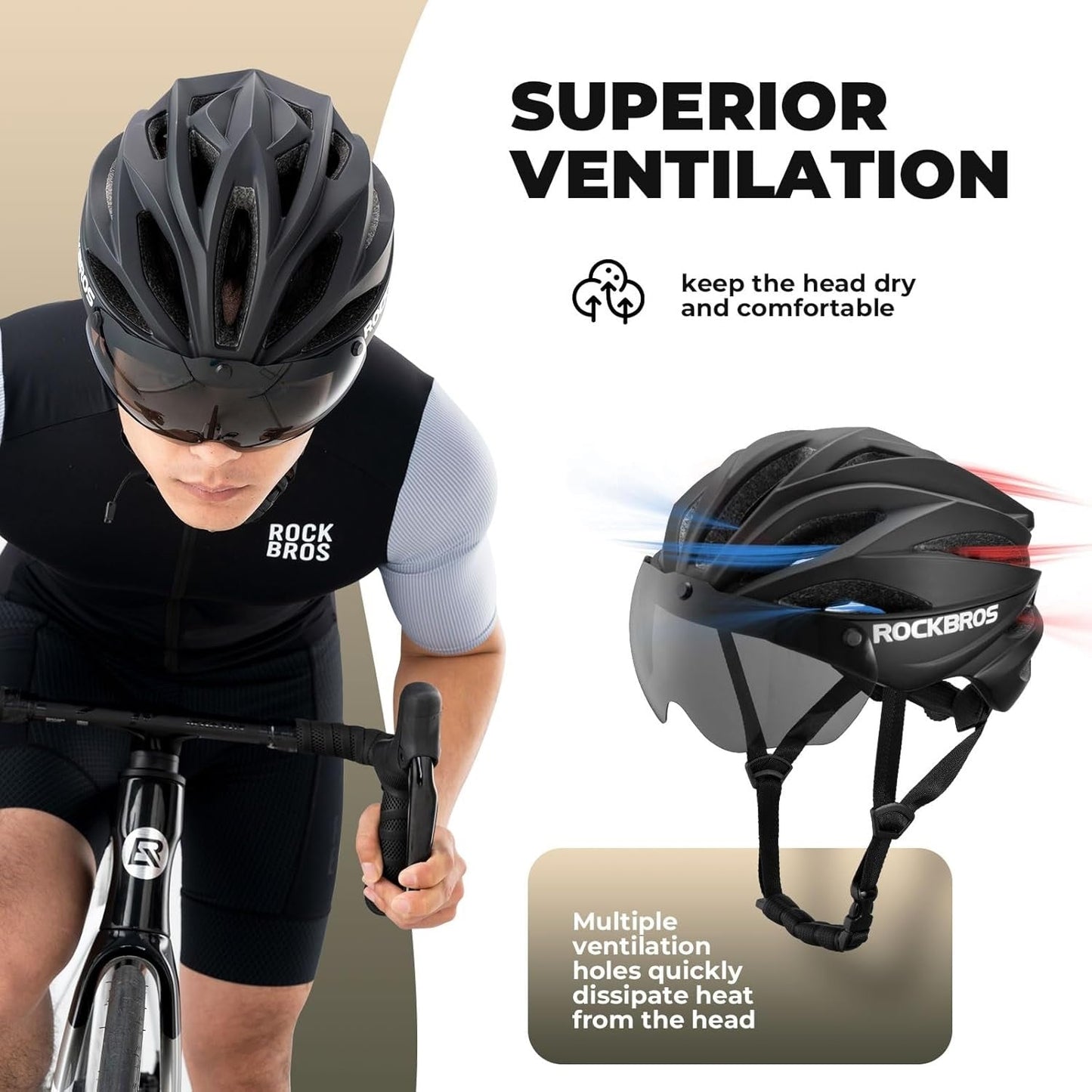 Capacete de bicicleta adulto ROCKBROS com viseira magnética removível respirável ajustável para homens e mulheres 58-62cm
