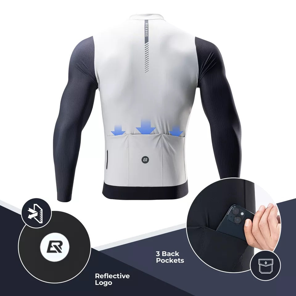 Camisa de ciclismo masculina de manga comprida ROCKBROS Camisa de ciclismo respirável de secagem rápida com zíper e 3 bolsos Camiseta para homens de bicicleta de estrada MTB tamanho europeu