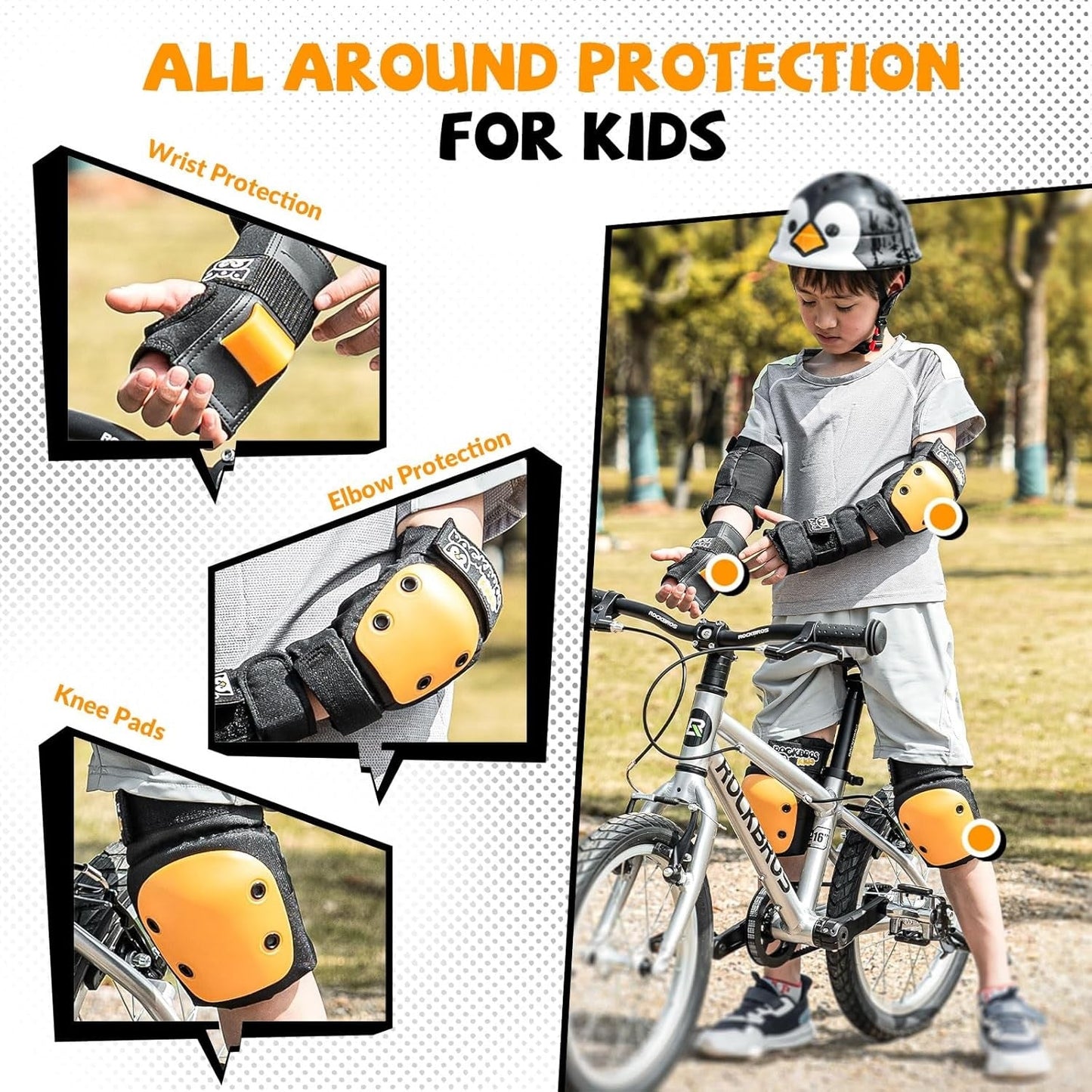 Joelheiras ROCKBROS conjunto 6 em 1 infantil protetores de skate joelheiras em linha almofadas de pulso e cotoveleiras bicicleta skate esportes para meninas e meninos