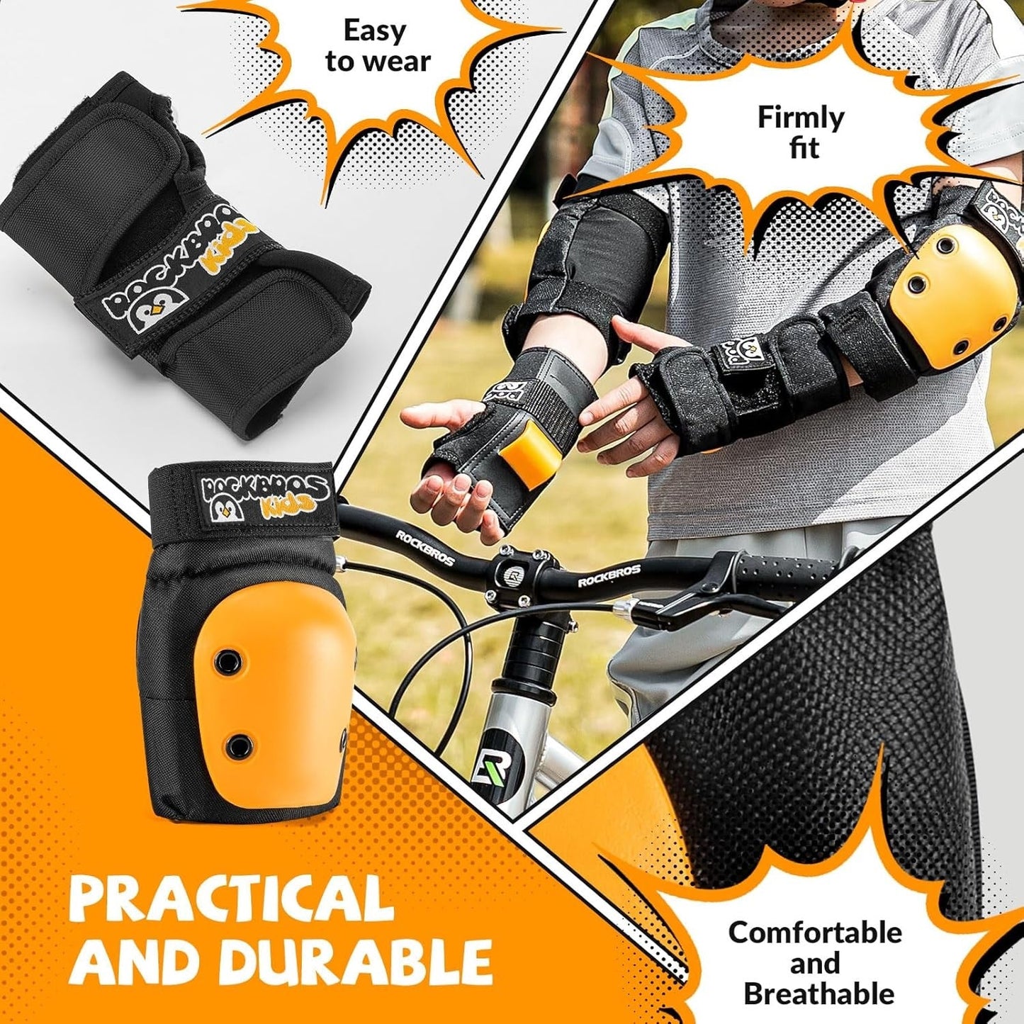 Joelheiras ROCKBROS conjunto 6 em 1 infantil protetores de skate joelheiras em linha almofadas de pulso e cotoveleiras bicicleta skate esportes para meninas e meninos