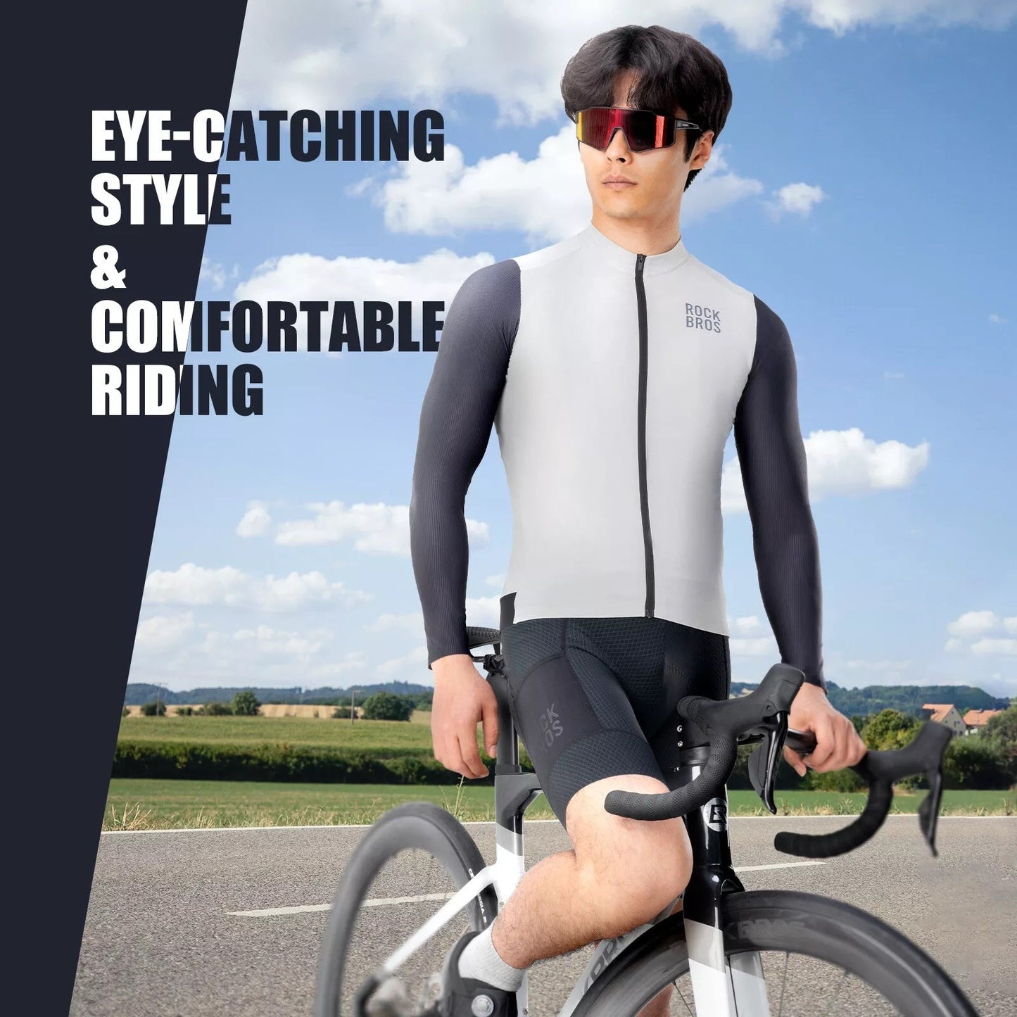 Camisa de ciclismo masculina de manga comprida ROCKBROS Camisa de ciclismo respirável de secagem rápida com zíper e 3 bolsos Camiseta para homens de bicicleta de estrada MTB tamanho europeu