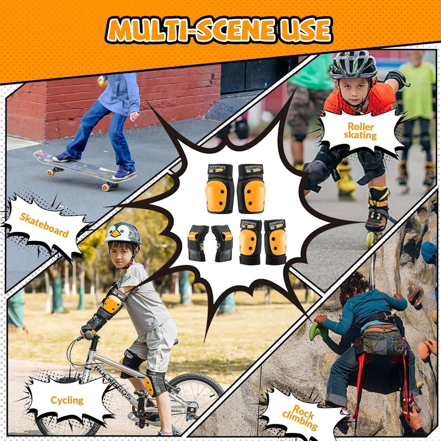 Joelheiras ROCKBROS conjunto 6 em 1 infantil protetores de skate joelheiras em linha almofadas de pulso e cotoveleiras bicicleta skate esportes para meninas e meninos