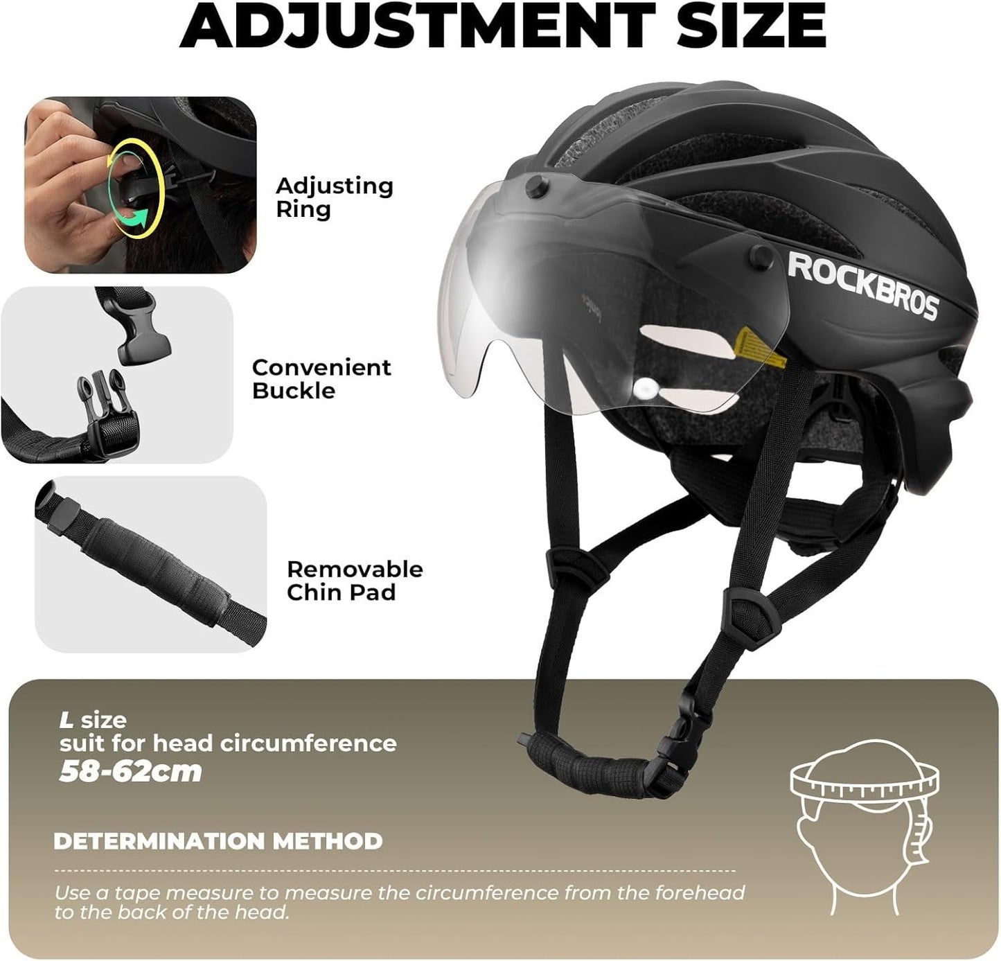 Capacete de bicicleta adulto ROCKBROS com viseira magnética removível respirável ajustável para homens e mulheres 58-62cm