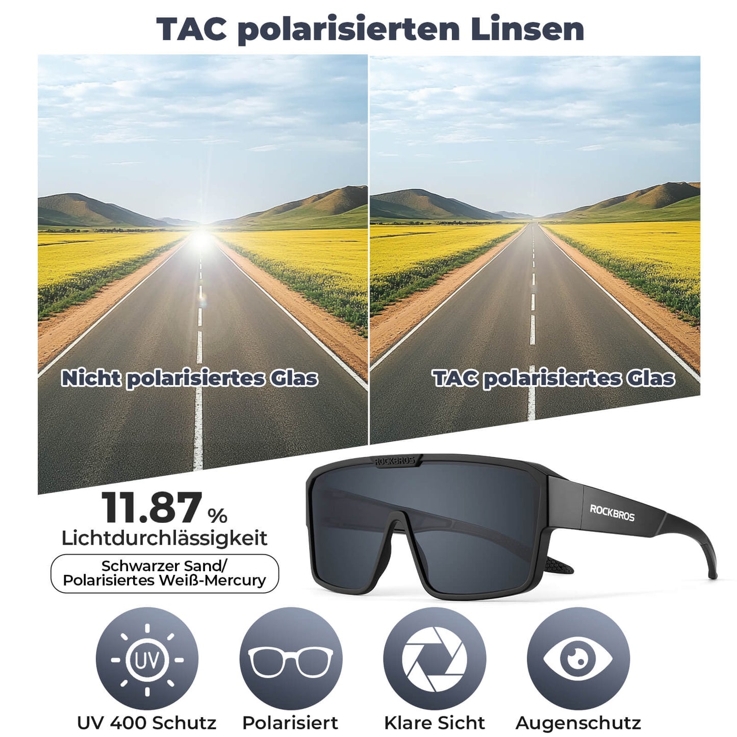 Óculos de ciclismo polarizados, óculos de sol para atividades ao ar livre, para usar sobre óculos de grau, para mountain bike e bicicletas de estrada, ROCKBROS