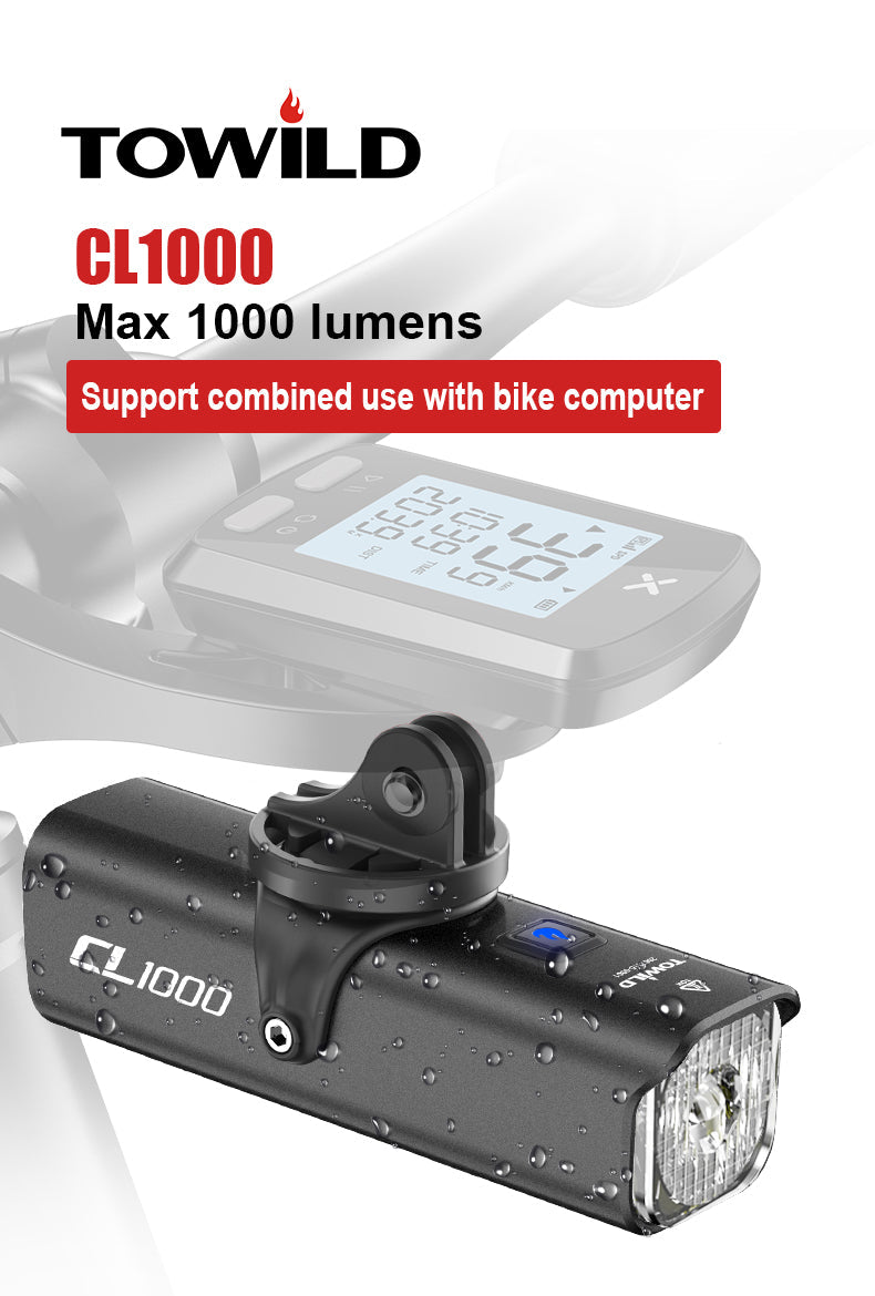 Farol de bicicleta TOWILD CL1000 para passeios noturnos compatível com Garmin/GoPro Mount farol de bicicleta brilhante de 1000 lúmens 4000mAh Bateria farol de bicicleta à prova d'água para passageiros