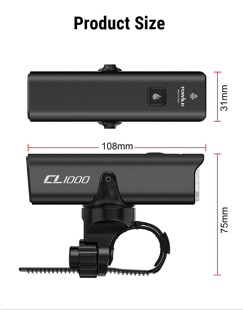 Farol de bicicleta TOWILD CL1000 para passeios noturnos compatível com Garmin/GoPro Mount farol de bicicleta brilhante de 1000 lúmens 4000mAh Bateria farol de bicicleta à prova d'água para passageiros