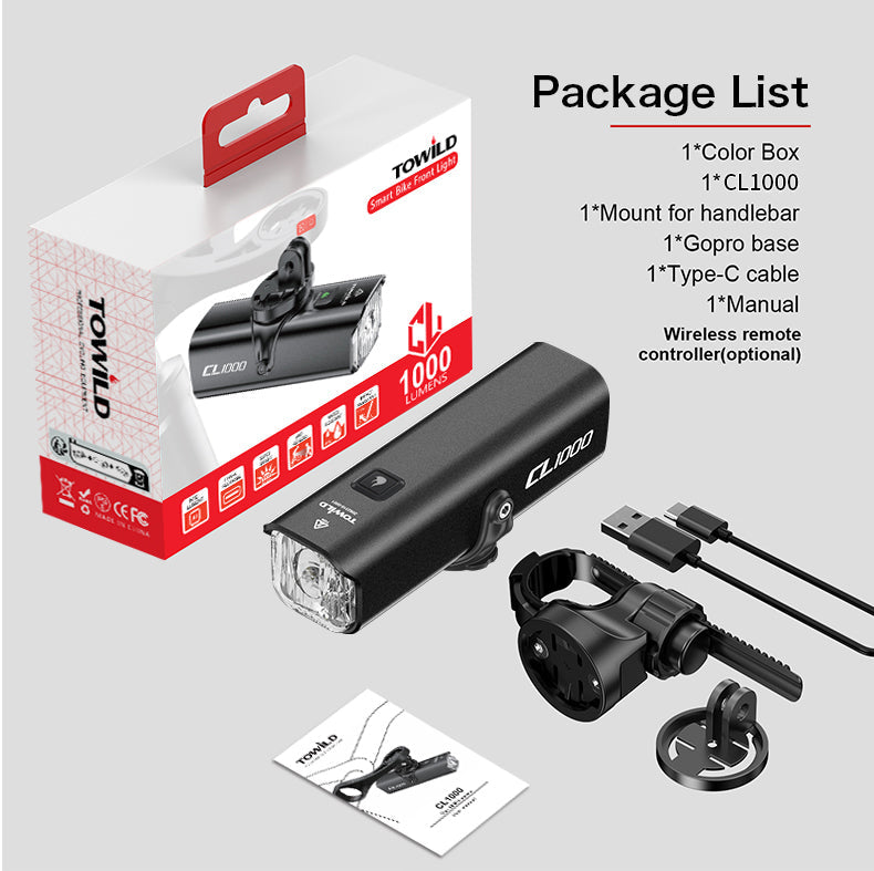 Farol de bicicleta TOWILD CL1000 para passeios noturnos compatível com Garmin/GoPro Mount farol de bicicleta brilhante de 1000 lúmens 4000mAh Bateria farol de bicicleta à prova d'água para passageiros