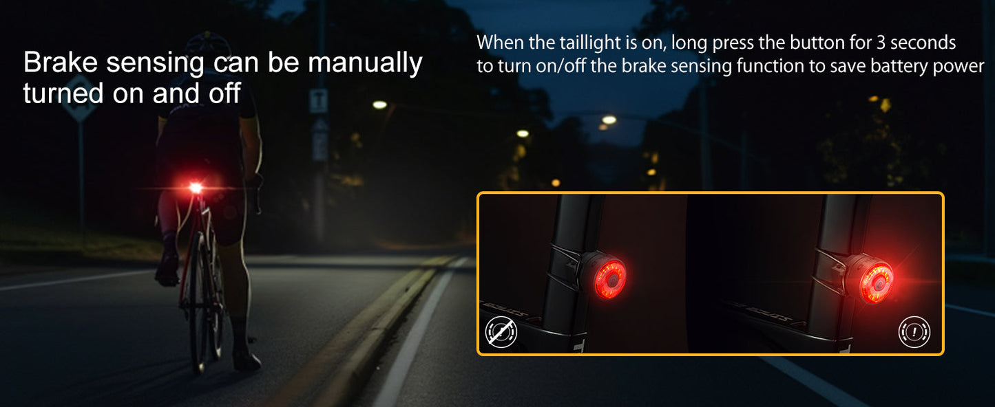 TOWILD TL03 Luz traseira de bicicleta com detecção automática Luz traseira de bicicleta Luz traseira recarregável USB IPX7 à prova d'água 3 modos de segurança Ultra brilhante para passeios noturnos de segurança
