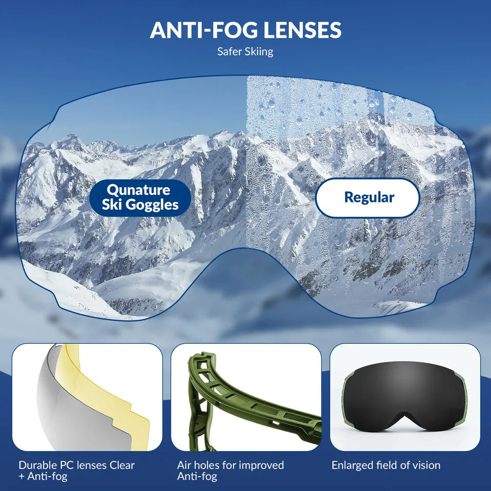 Óculos de esqui Qunature, óculos de snowboard, antiembaçante UV400 feminino/masculino para usuários de óculos