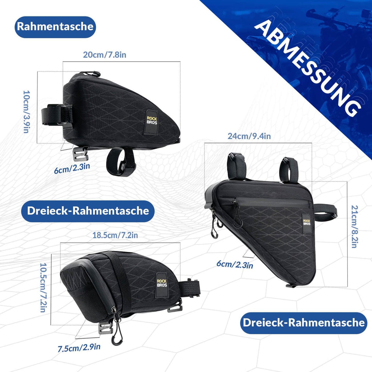 Conjunto de bolsas para bicicleta: 2 bolsas de quadro + 1 bolsa de selim com alça de ombro ajustável, 1,2L, ROCKBROS