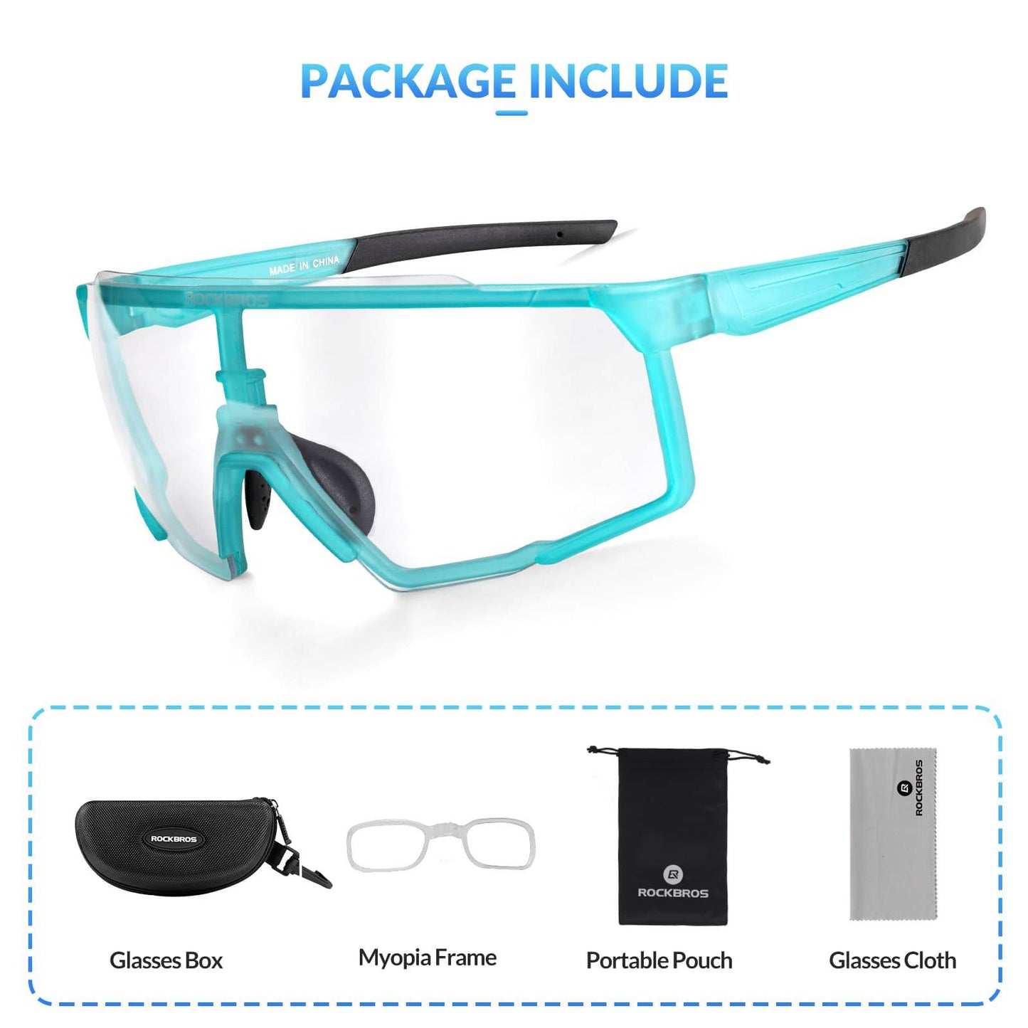 Óculos fotocromáticos HD para ciclismo, ideais para atividades ao ar livre, na cor azul, da ROCKBROS.