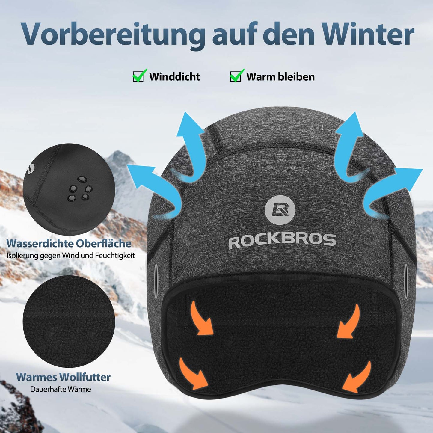 Boné de ciclismo de inverno, boné à prova de vento com orifícios para óculos, ROCKBROS