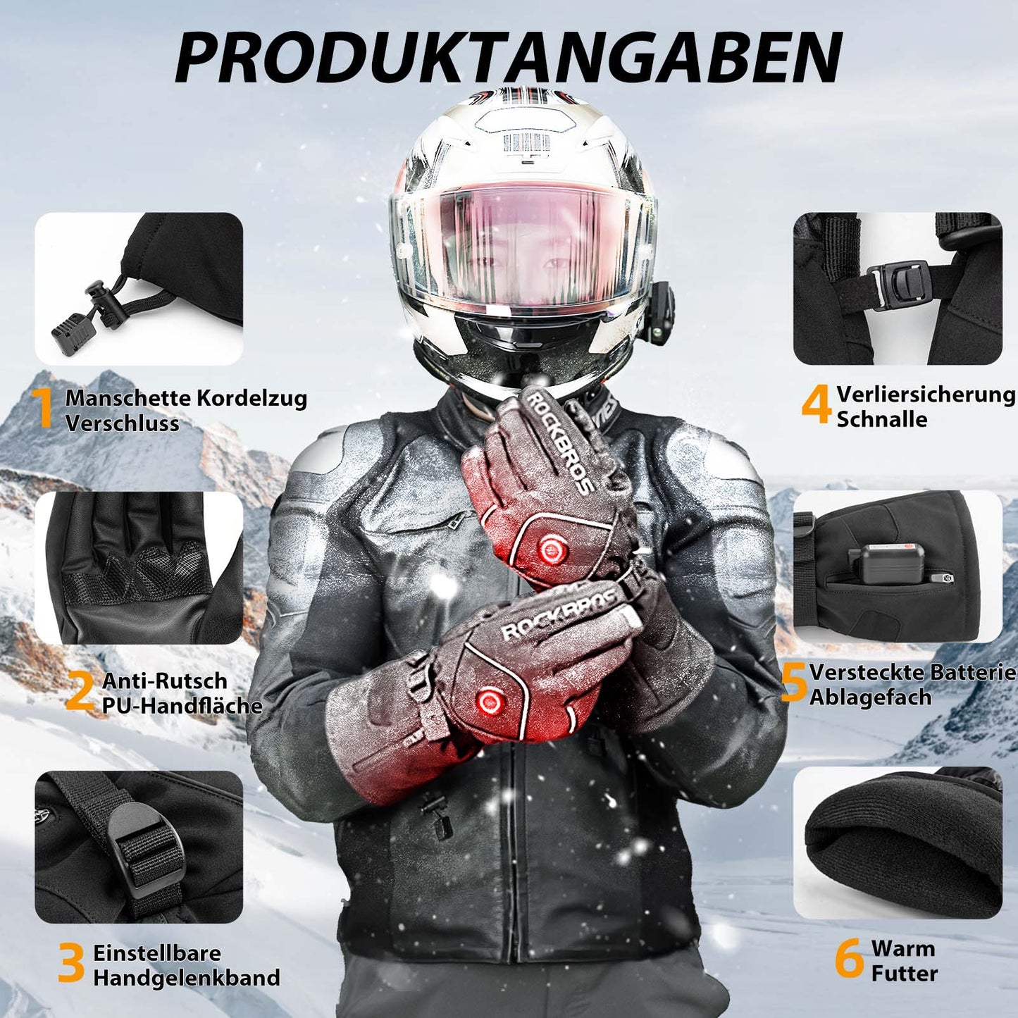 Luvas de esqui de inverno recarregáveis e aquecidas, pretas, ROCKBROS