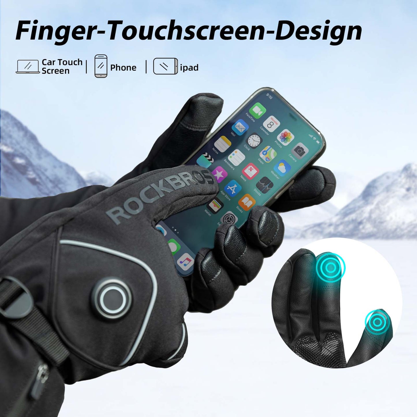 Luvas de esqui de inverno recarregáveis e aquecidas, pretas, ROCKBROS